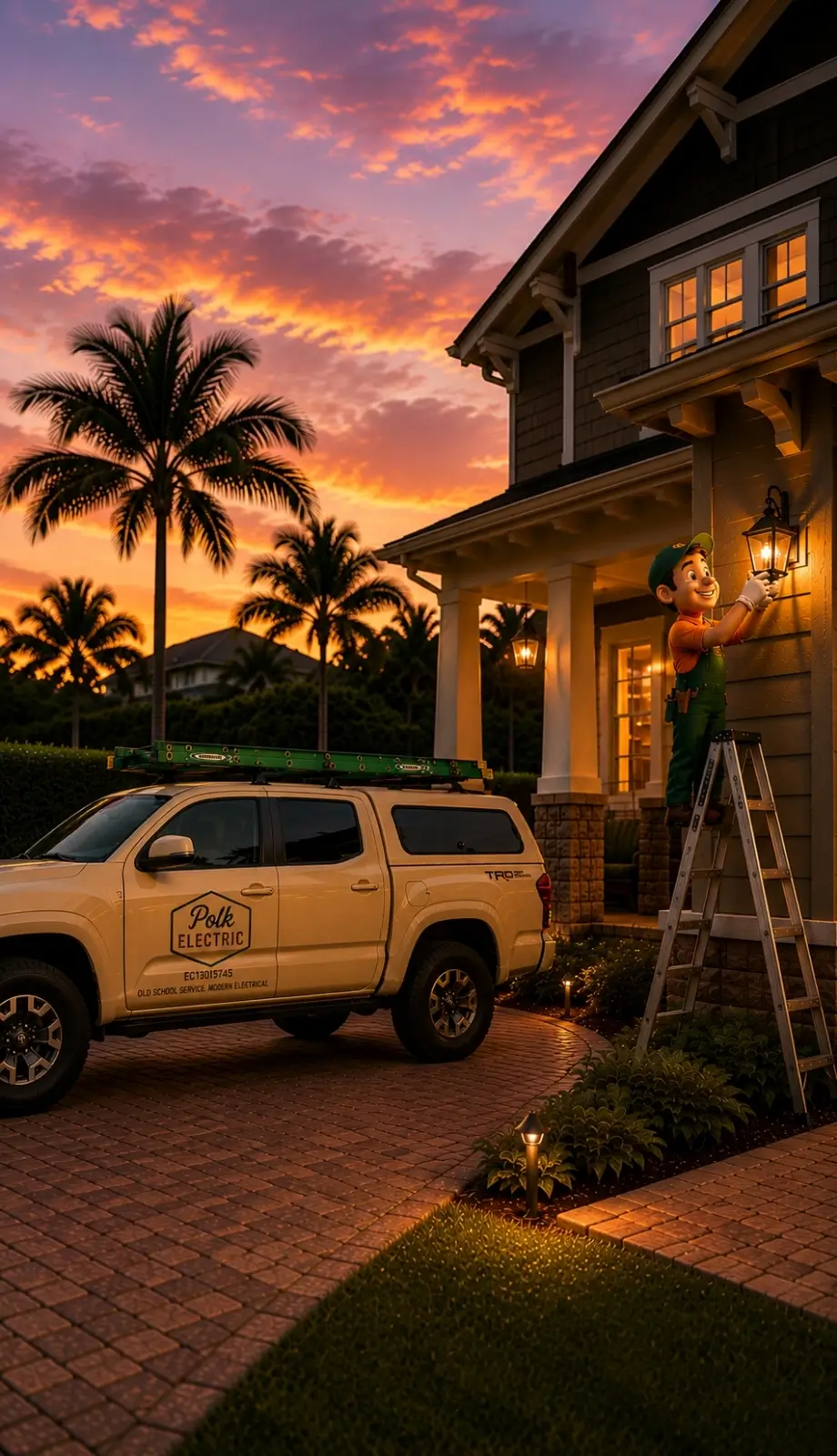 Polk Electric service truck at a Lakeland home at sunset