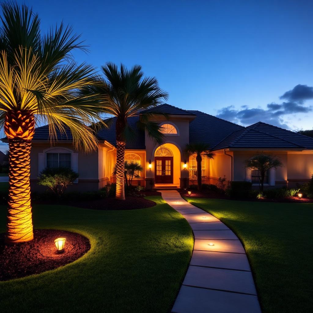 Florida home exterior with landscape lighting at twilight