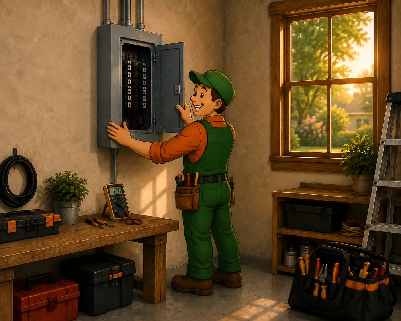 Illustrated Polk Electric technician kneeling in a workshop to service an open circuit breaker panel
